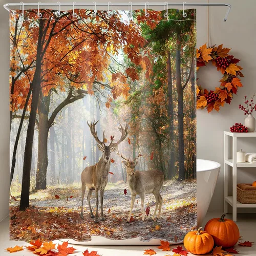 Vista 54 de HVEST Cortina de ducha con ganchos, calabaza espeluznante y fantasma con sombrero de bruja negro, juego de cortina de ducha naranja con flores