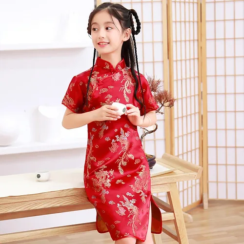 Vista 6 de Qwent Vestido chino de las muchachas de los niños de manga corta levantarse cuello plateado hebilla chino cheongsam vestido chino para las niñas