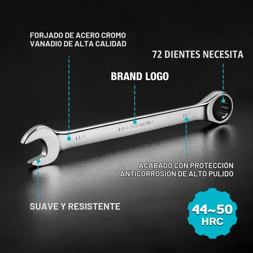Vista 3 de Juego de llaves combinadas de trinquete, SAE, 8 piezas, 5/16" a 3/4", acero al cromo vanadio, con bolsa de transporte