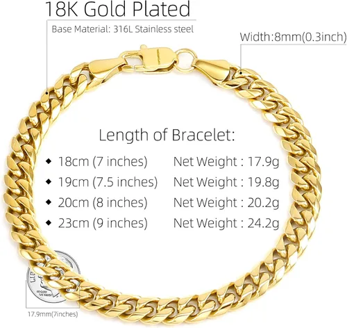 Vista 2 de CaptainSteeL Pulsera cubana para hombres y mujeres, pulsera de acero inoxidable de 77.589 pulgadas, chapado en oroacero inoxidable, regalo