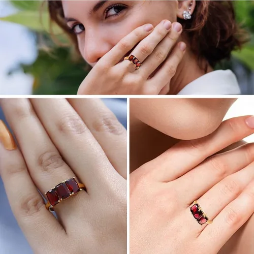 Vista 2 de 3 Stone Garnet Rings for Women in 925 Sterling Silver with 14K Gold Plating - January Birthstone Promise Engagement Ring Vintage Red Garnet Jewelry