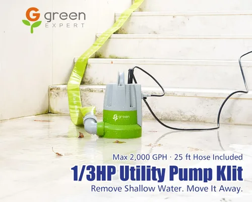 Vista 2 de Green Expert - Kit de bomba sumergible de sumidero de 1/3 HP con manguera de descarga plana de 25 pies, bomba con manguera, sensor de agua, bomba
