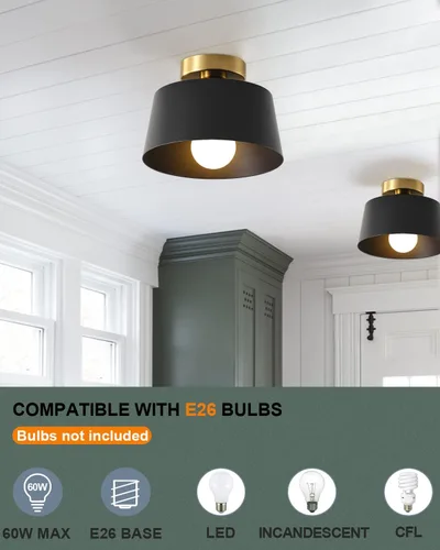 Vista 2 de Lámpara de Techo Moderna Semi Empotrada con Placa Dorada y Pantalla Negra Mate, Lámpara de Techo Estilo Granja para Isla de Cocina Comedor Vestíbulo