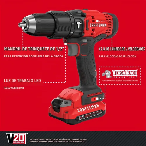 Vista 2 de CRAFTSMAN Taladro de martillo inalámbrico V20, 1/2 pulgada, batería y cargador incluidos (CMCD711D1)