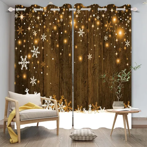 Vista 27 de Renaiss Cortinas opacas de Navidad con tablones de madera rústica para dormitorio, con ojales, estampado de copos de nieve navideños, cortinas