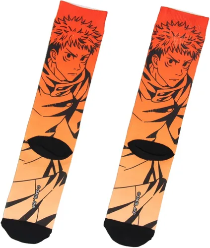 Vista 2 de Bioworld Jujutsu Kaisen - Calcetines de anime para hombre Yuji Itadori con personajes sublimados, Naranja