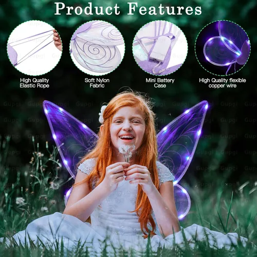 Vista 3 de Alas de hadas iluminadas para niñas, alas brillantes y transparentes, mariposa, hada, Halloween, alas de ángel, para niños y adultos