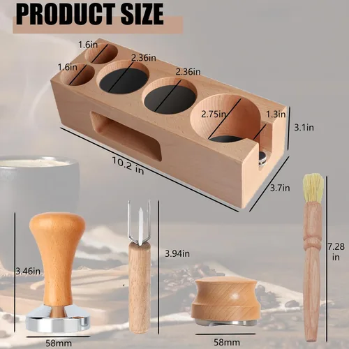 Vista 2 de Kit de accesorios para distribuidor de manipulación de espresso, estación de tampón de filtro de café de madera con cepillo de café, distribuidor
