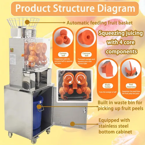 Vista 7 de Exprimidor de naranja comercial 110 V Vertical Orange Juice Extractor Machine Citrus Lemon Squeezer 20PCS/Min, con gabinete de acero inoxidable