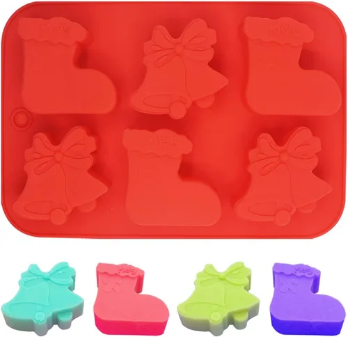 Vista 6 de 3 moldes de silicona de Navidad, bandejas de hornear FineGood para árboles de Navidad, calcetines y campanas, molde de cera de Navidad