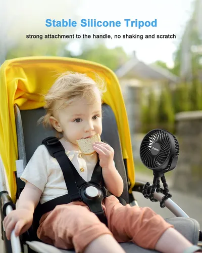 Vista 3 de Coohea Ventilador de cochecito con clip para bebé, funciona con batería recargable de 4000 mAh, trípode flexible, 3 velocidades de viento, rotación
