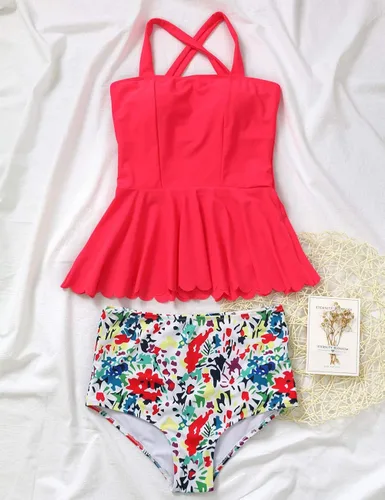 Vista 5 de Traje de baño de cintura alta para mujer, estilo vintage, 2 piezas, con volante, tankini, bikini