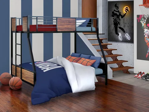 Vista 2 de East West Furniture JAFTBLK Jackson - Litera de tamaño matrimonial, dos camas divididas, una escalera con dos escalones y barandillas de protección