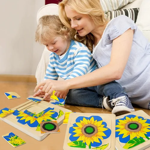 Vista 6 de Montessori - Rompecabezas de madera con diseño de girasol de 4 capas