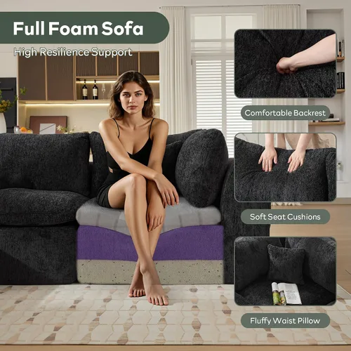 Vista 5 de STHOUYN Sofás Seccionales Modernos Negros de 114" sin Estructura para Sala de Estar, Sofá Nube Modular Negro en Forma de L con Otomana, Cómodo Sofá