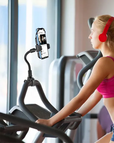 Vista 4 de Soporte de teléfono para bicicleta giratoria de cuello de cisne, clip para manubrio, soporte para teléfono celular para bicicleta de ejercicio