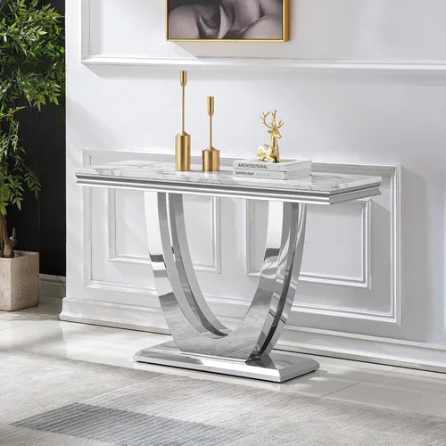 Vista 29 de SSLine Mesa de Centro Rectangular de Mármol Sintético para Sala de Estar, Mesa Central Moderna de Mármol Blanco de Lujo con Base Doble en Forma de U
