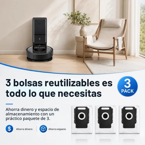 Vista 6 de Bolsas de vacío reutilizables para todos los iRobot Roomba I & S & J Series Clean Base, paquete de 3, cremallera