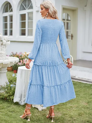 Vista 3 de ZAFUL Vestido largo con cuello en V para mujer, con bolsillos, cintura alta fruncida, cintura alta, casual, escalonado, acampanado