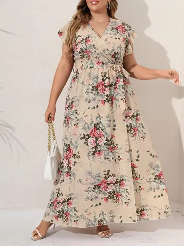 Vista 5 de MakeMeChic Vestido largo floral para mujer, talla grande, casual, bohemio, floral, manga corta, cintura alta, acampanado, con vuelo
