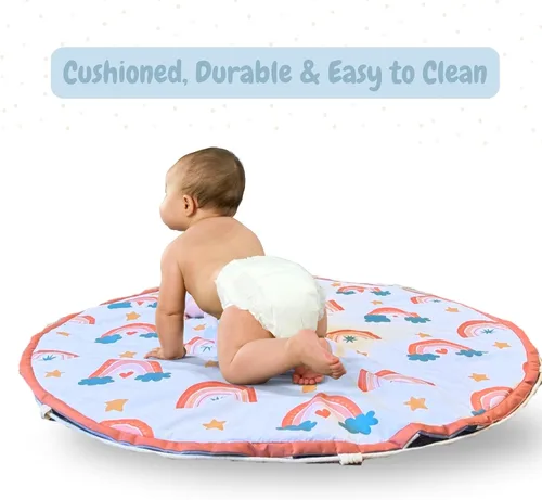 Vista 8 de Alfombra de juego para bebés y bolsa de almacenamiento de juguetes – Alfombra plegable 2 en 1 y organizador para bebés y niños pequeños – Suave,