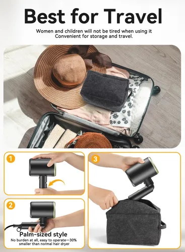 Vista 8 de Secador de pelo, secador iónico de 150000 rpm, secado rápido, bajo ruido, plegable portátil con difusor y boquilla, mini compacto para mujeres