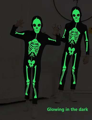 Vista 2 de Lovekider Disfraz de esqueleto para niños que brillan en la oscuridad para Halloween, overol aterrador para niños y niñas, overol de cosplay