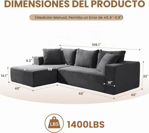 Vista 2 de Sofá modular modular moderno de 108 pulgadas en forma de L sin hueso con asiento profundo, sofá seccional para sala de estar, dormitorio
