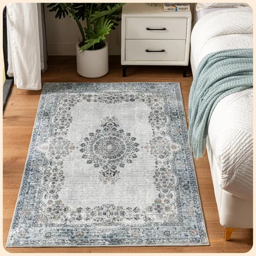Vista 59 de Istana Alfombra larga antideslizante de 2.5 x 8 para el hogar, para pasillo y cocina, lavable, sedosa y suave al tacto, elegante, color azul y marfil
