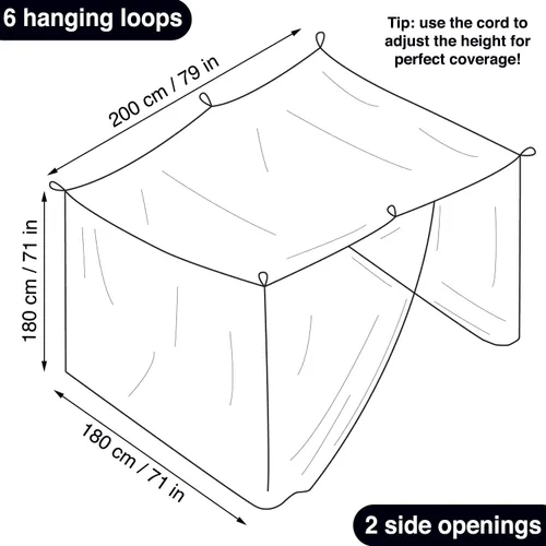 Vista 4 de Mosquitera negra para camas individuales a king size – 2 aberturas laterales y 6 bucles para colgar – Forma rectangular decorativa para el hogar
