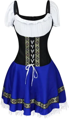 Vista 4 de Disfraz tradicional de Oktoberfest para mujer disfraz de carnaval talla grande Casual XXL Azul Patchwork