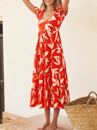 Vista 6 de PRETTYGARDEN Vestidos de verano para mujer, manga abombada, floral, casual, vestidos de verano fruncidos, sin espalda, para playa, vestido largo