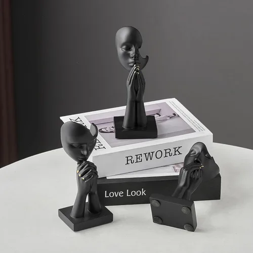 Vista 2 de 3 piezas de estatuas de oración de decoración negra, figuras modernas de oración de paz, detalles de decoración de estantes, escultura de arte