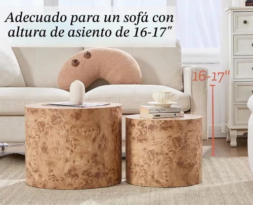 Vista 4 de EALSON Juego de 2 mesas auxiliares redondas pequeñas de granja, mesa auxiliar redonda de madera moderna para sala de estar, espacios pequeños Burl