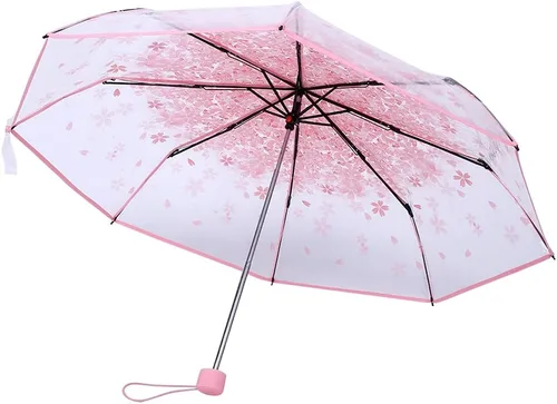 Vista 7 de TOPINCN Paraguas de flores de cerezo, paraguas plegable de burbujas de cúpula transparente, paraguas de princesa de moda, paraguas de viaje