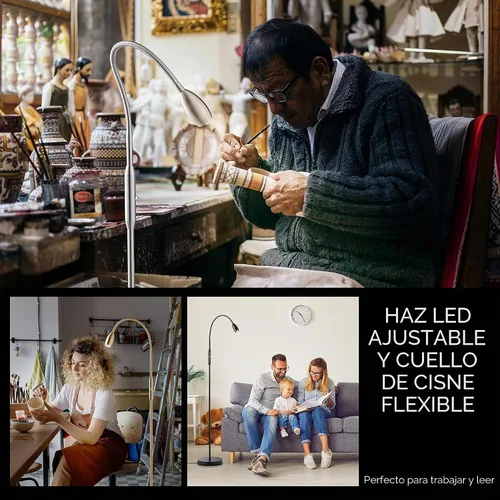 Vista 2 de O’Bright Ray – Lámpara de pie ajustable con haz LED, foco regulable y con zoom, cuello de cisne flexible, lámpara de pie para lectura/manualidades
