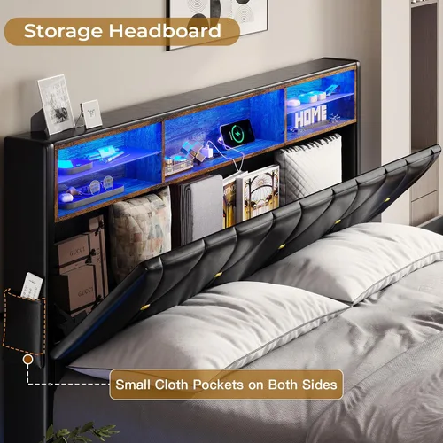 Vista 5 de BTHFST Marco de cama tamaño completo con luces LED y estación de carga, marco de cama LED tamaño completo con almacenamiento de cabecero, cama negro