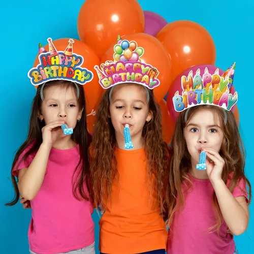 Vista 4 de KKBES Diademas de feliz cumpleaños, sombreros de papel para fiesta de cumpleaños, 3 patrones para niños y adultos que celebran cumpleaños
