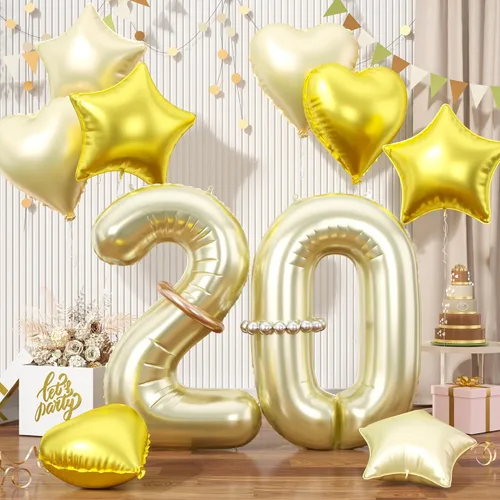 Vista 36 de Globos dorados de color champán con el número 11, globos de oro claro, globo de aluminio dorado con forma de corazón con estrella y globo largo