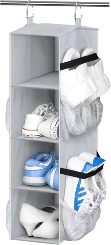 Vista 8 de SLEEPING LAMB Organizador corto de zapatos colgante para almacenamiento en armario con bolsillos laterales de malla con capacidad para 8 pares, Negro