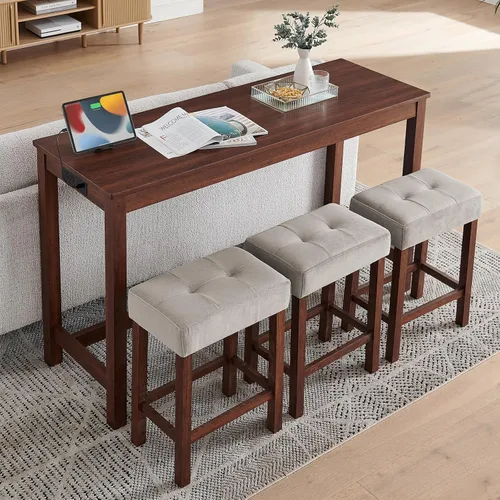 Vista 19 de Juego de mesa de barra de 59" de altura de mostrador con toma de corriente, mesa de desayuno industrial con 3 taburetes acolchados, juego de mesa