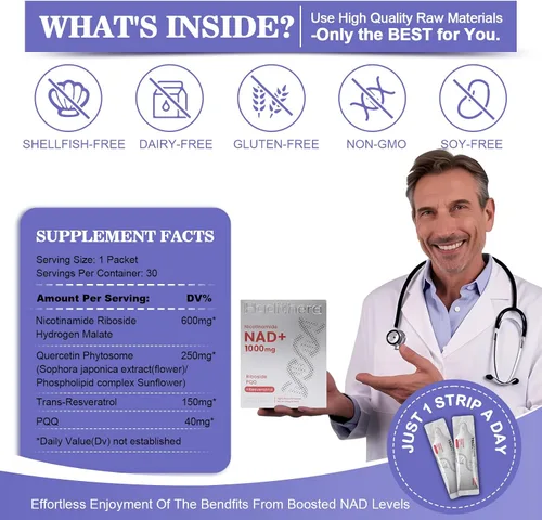 Vista 2 de Suplemento NAD Mezcla sinérgica de 1000 mg con ribósido de nicotinamida, PQQ y resveratrol - Suplemento antienvejecimiento premium para energía