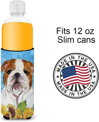 Vista 4 de Caroline's Treasures SS4117MUK Bulldog Inglés en verano Flores Ultra Hugger para latas delgadas puede enfriar la manga de la bebida lavable a