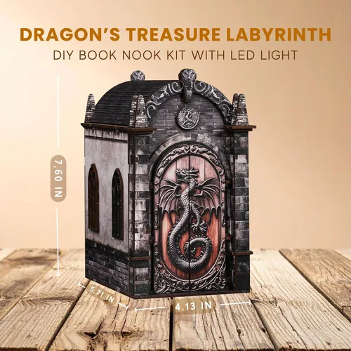 Vista 5 de Kit de rincón de libros de bricolaje con luces LED, rompecabezas de madera 3D para adultos (laberinto del tesoro del dragón)