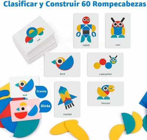 Vista 2 de Coogam - Juego de rompecabezas de madera con forma de Tangram, juego de apilamiento de clasificación de colores, rompecabezas de animales de madera