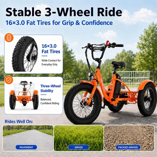 Vista 5 de MOONCOOL Triciclo eléctrico juvenil, 16 pulgadas, 250 W, E-Trike Naranja quemado