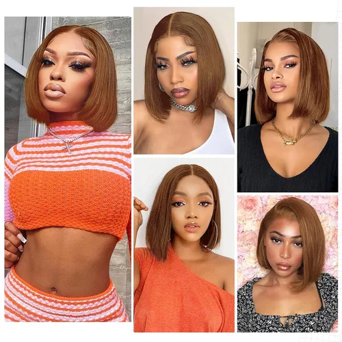 Vista 7 de Peluca de cabello humano marrón con encaje frontal HD de 13 x 4 pulgadas, peluca corta estilo Bob para mujeres negras, prearrancada con abuelitos