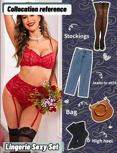 Vista 16 de Avidlove - Conjunto de lencería para mujer de cintura alta, lencería con cinturón, lencería