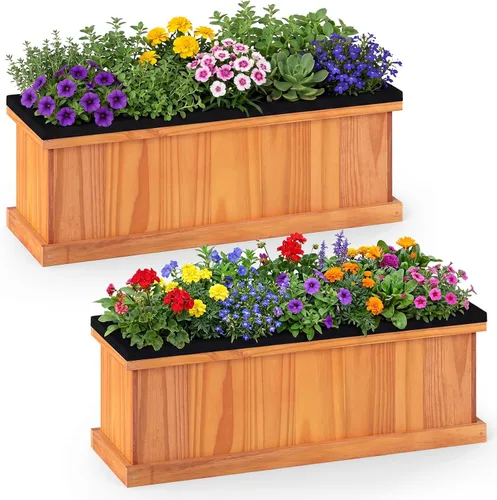 Vista 10 de HAPPYGRILL Cama de jardín elevada de madera, maceta rectangular de madera de acacia natural con forro y drenaje para hierbas de flores vegetales