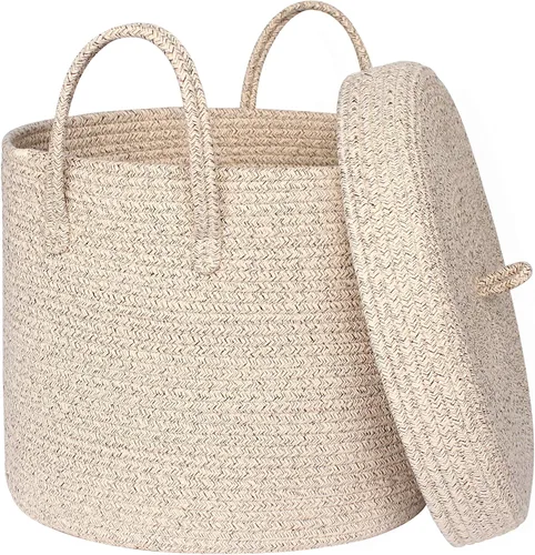 Vista 10 de Cesta grande de 15 x 13 pulgadas con tapa, cesta de almacenamiento de cuerda de algodón para manta, juguete, almohada, toalla, lavandería, sala
